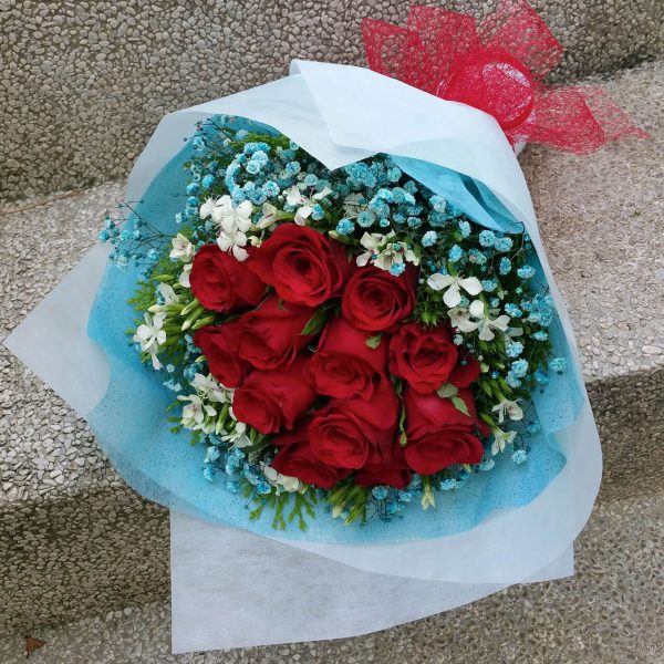 Red Roses, White Sweet William & Coloured Baby's Breath